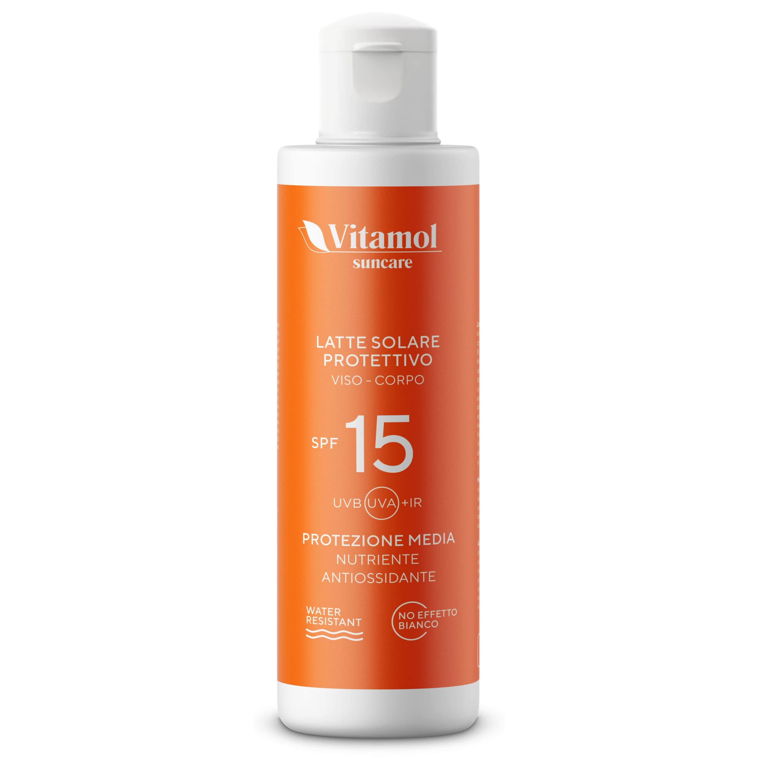 Vitamol Medium Sun Protection SPF 15 Sonnenmilch für Gesicht und Körper, die vor UVA- und UVB-Strahlen schützt. Kein Weißeffekt. Wasserbeständig