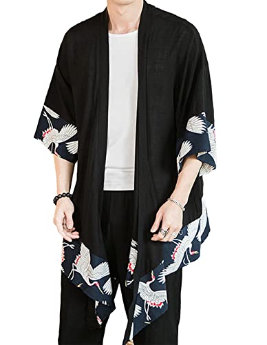 Idopy Männer `s Weinlese-Baumwollleinen-Mantel-Poncho-Kap-Mantel-Wolljacke (Schwarz 2628, Large)