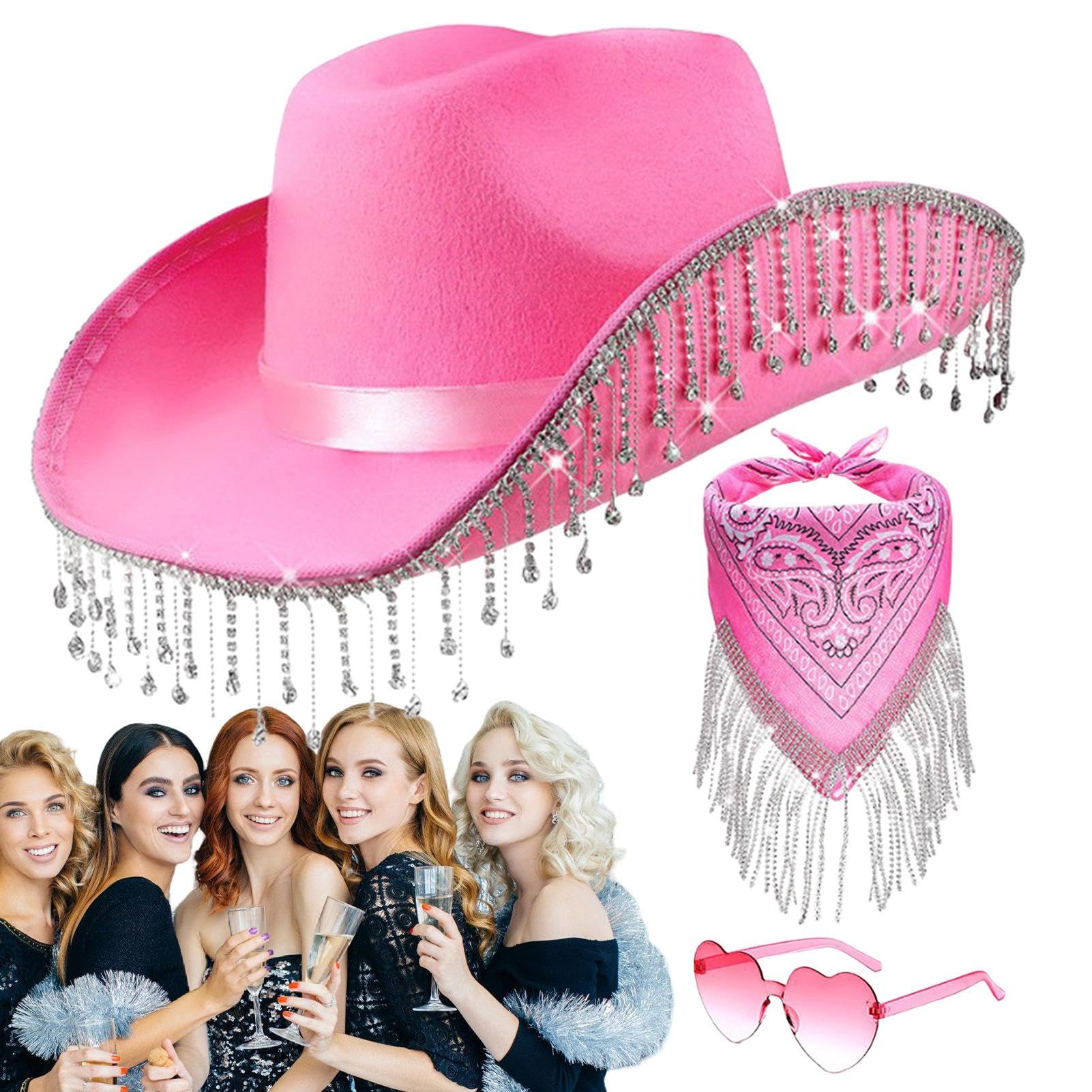 QARIDO Cowgirl-Hut für Party, Strass-Quasten-Cowboyhut | 3-teiliges Set Western-Cowboyhut mit herzförmiger Sonnenbrille - Herz-Brillen-Set für Halloween, Maskerade, Abschlussfeier, Cosplay-Zubehör