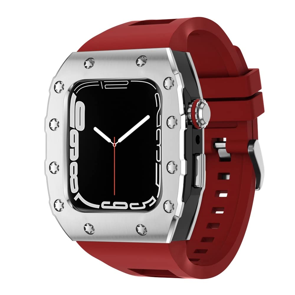 KANUZ 45 mm luxuriöses Metallgehäuse-Silikonarmband für Apple Watch, Mod Kit, 44 mm Modifikationsset für iWatch Serie 8, 7, SE, 6, 5, 4, Band (Farbe: SBR, Größe: 44 mm für 6/5/4/SE)