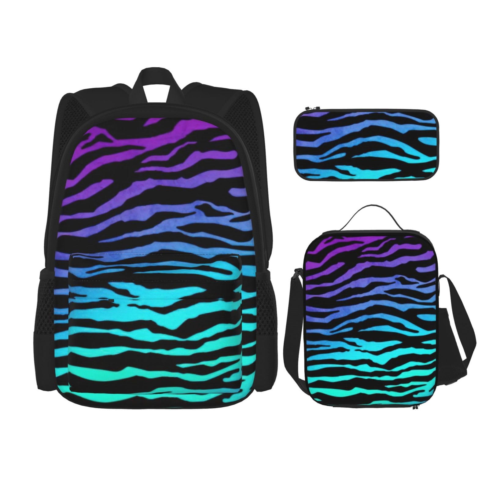 WURTON Violett-Blau-Grün-Tarnmuster, Zebrastreifen, verstellbare Schultergurte, Rucksack-Set, Lunch-Tasche, Federmäppchen, Kombinationstaschen-Set