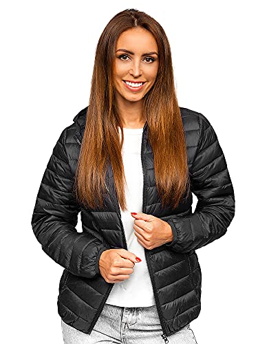 BOLF Damen Übergangsjacke Steppjacke mit Kapuze Daunenjacke Reißverschluss Sportjacke Zip Wärme Freizeit Outdoor Basic Casual Style M23036 Schwarz S [D4D]