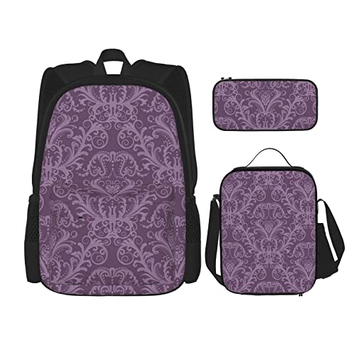 DENMER Mehrzweck-Schulranzen mit Libelle, mit passendem Federmäppchen und Lunchtasche, Set - Ihre stilvolle All-in-One-Lösung, Schwarz, violett, Einheitsgröße