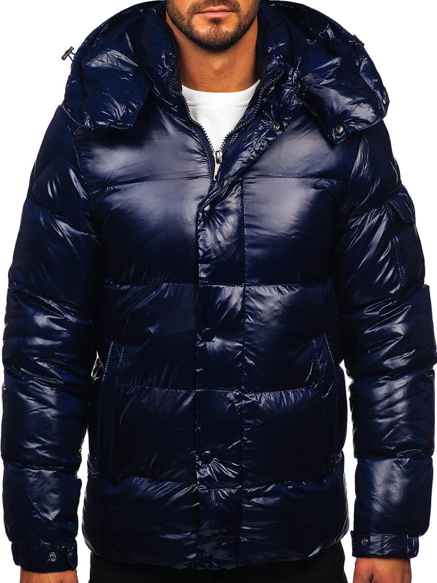 BOLF Herren Winterjacke Steppjacke Gefüttert Übergangsjacke mit Kapuze Daunenjacken-Optik Puffer Wärm Winter Freizeit Outdoor Casual Style 9970 Dunkelblau L [4D4]