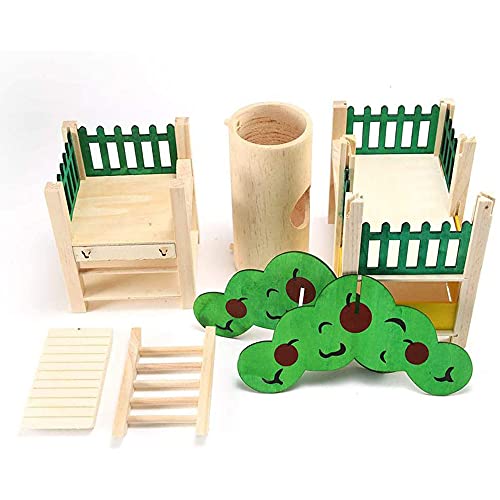 ANCLLO Hamster Häuser Und Verstecke Natürliche Holz Haustier Leben Tunnelsystem Ratte Spielplatz Aktivität Set Plattform Villa mit Rohr Kleintierhaus Kabine für Mäuse Hamster