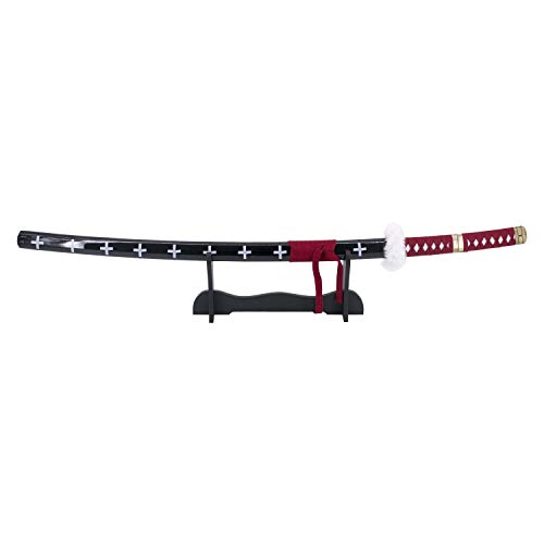 Katana S5017 von Trafalgar Law aus One Piece, inoffizielle Replik, 102 cm Schwarze Stahlklinge, Griff mit hellbrauner Wicklung und mit Samt bezogene Tsuba, mit Ständer. Ref. S5017