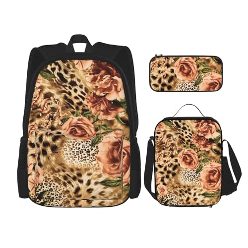 DENMER Wunderschöner Mehrzweck-Schulranzen mit passendem Federmäppchen und Lunchtasche, stilvolle All-in-One-Lösung, Gestreifter Leopard und Rosen, Einheitsgröße