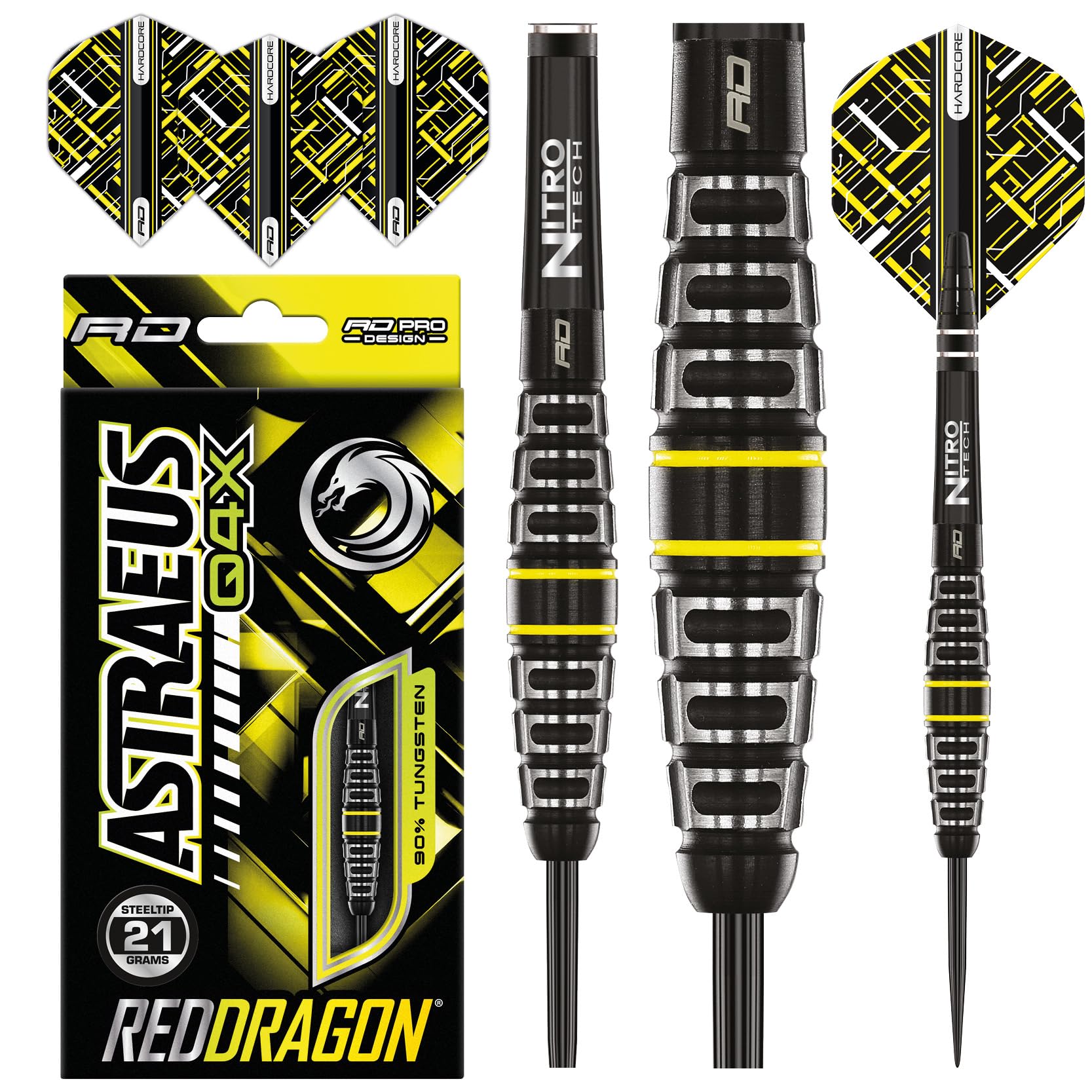 RED DRAGON Astraeus Q4X Torpedo 21 Gramm Premium Wolfram Steeltip Dart Set mit Flights und Schäften