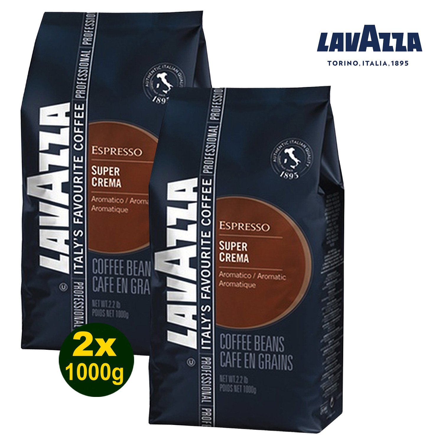 LAVAZZA Espresso SUPER CREMA Aromatic 2x 1000g (2000g) - geröstete Kaffeebohnen