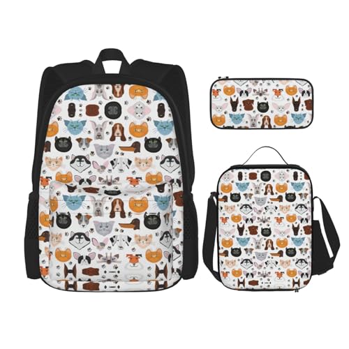 WURTON Rucksack mit Katzen- und Hundegesichtern, Bulldogge, Beagle, Labrador, 3-in-1, Büchertaschenset mit Brotdose, Federmäppchen, Reise, Laptop, Tagesrucksack