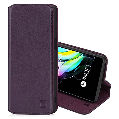 32nd Klassische Series 2.0 - Lederhülle Case Cover für Motorola Moto Edge 20, Echtleder Hülle Entwurf gemacht Mit Kartensteckplatz, Magnetisch und Standfuß - Aubergine