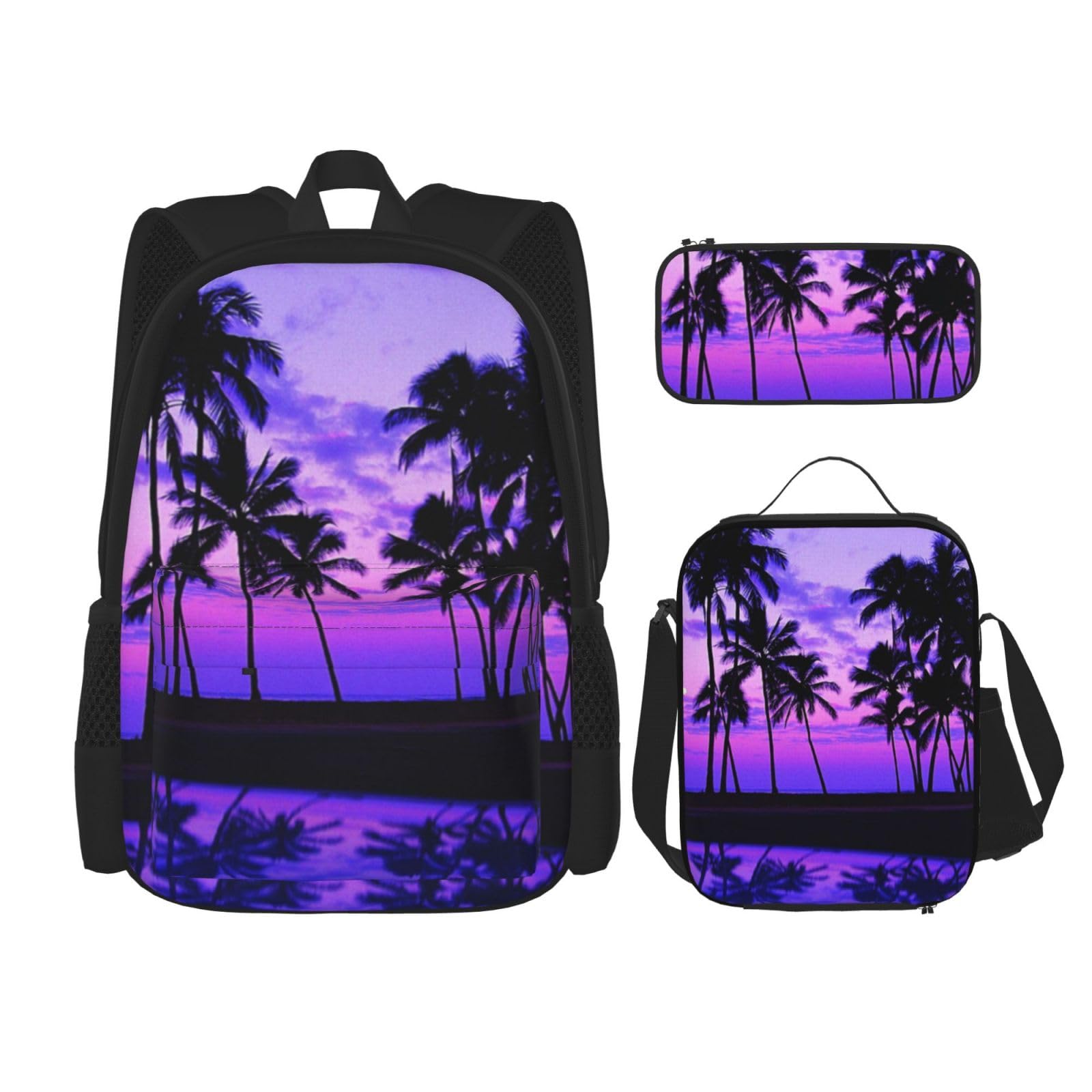 DENMER Mehrzweck-Schulranzen mit tropischem Strand, Palme, Sonnenuntergang, mit passendem Federmäppchen und Lunch-Tasche, Ihre stilvolle All-in-One-Lösung, Palme Purple Sunset, Einheitsgröße