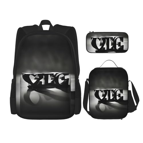 WURTON Love Font Print Lunchbox Federmäppchen Rucksack Set 3 Stück Verstellbare Träger Langlebig Leicht Schwarz Einheitsgröße, Schwarz , Einheitsgröße