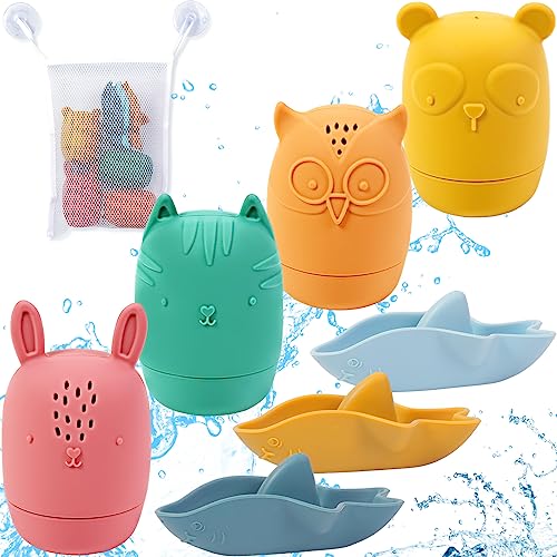 Jiosdo Badespielzeug Baby - Badewannenspielzeug - 8er Set Badetiere für Babys und Kleinkinder, mit Aufbewahrung, Badequetschies Wasserspielzeug Kinder, Quetschtiere mit Öffnungen aus BPA-frei Silikon