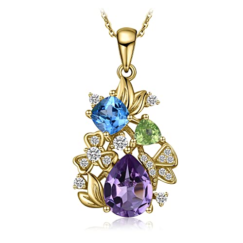 CLLBANT Natürlicher Amethyst-Blautopas, Peridot, Chromdiopsid, Blumen-Anhänger-Halskette, 925er Sterlingsilber, für Damen, ohne Kette (Gelbgold vergoldet)