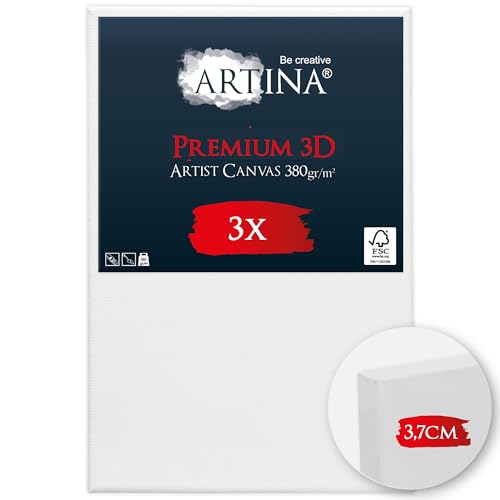 Artina 3er Set 3D Premium 20x30 cm Keilrahmen – Holz Keilrahmen Leinwand 100% Baumwolle Leinwand 3-Fach weiß vorgrundiert – Leinwände zum Bemalen 380 g/m² - Extrabreiter, bespannter Keilrahmen