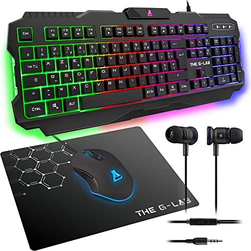 THE G-LAB Combo Helium 4-in-1-Gaming-Tastatur mit Hintergrundbeleuchtung, Gaming-Maus, 3200 DPI, Kopfhörer, Mauspad, rutschfest, PC Mac PS4, Xbox One Gamer Pack.