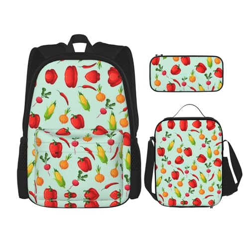 WURTON 3-in-1 Büchertaschen-Set, schöner Schmetterlings-Druck, verstellbarer Schulter-Rucksack, Lunch-Tasche, Federmäppchen, Beutel, Schwarz, Einheitsgröße