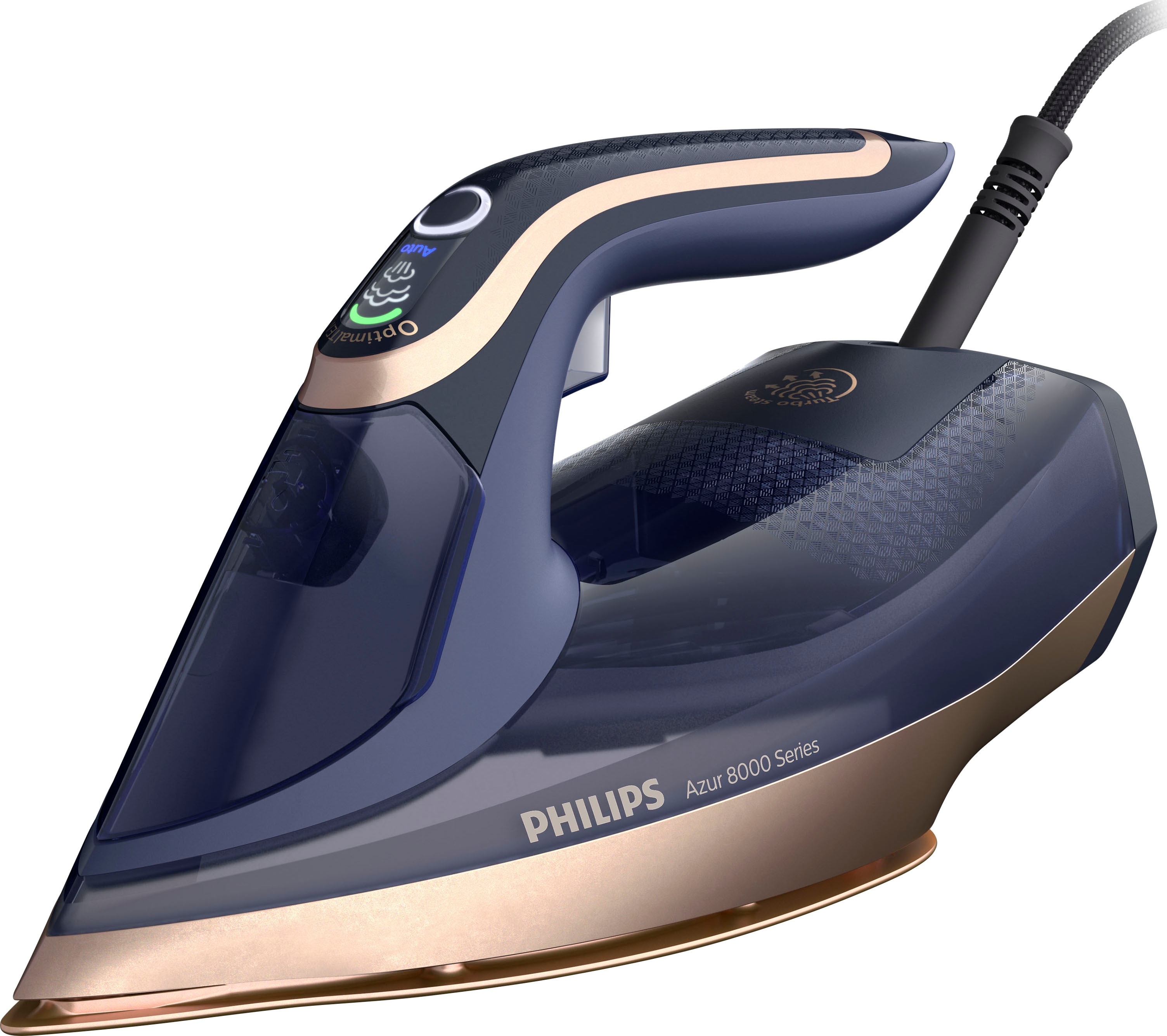 Philips Azur 8000 Serie Dampfbügeleisen - 85 g/min konstanter Dampf, 260 g Turbo-Dampfstoß, 3000 W, OptimalTEMP Technologie, SteamGlide Elite-Bügelsohle, Dunkelblau (DST8050/20)