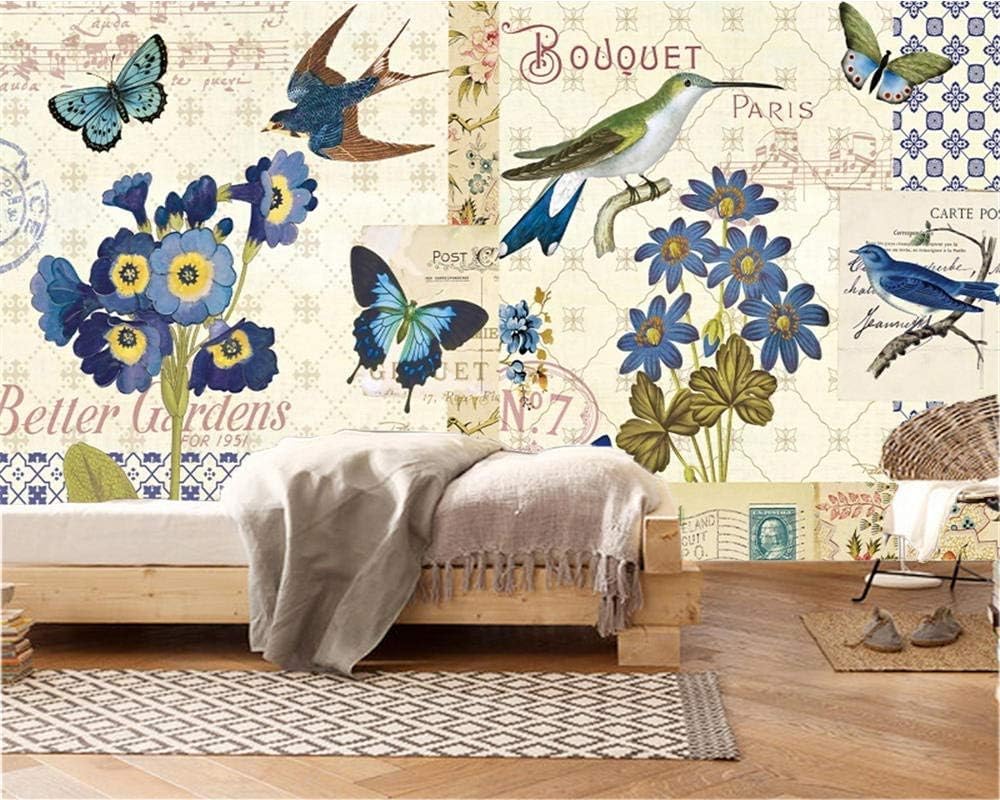 Vögel Schmetterlinge Blaue Blumen 3D Tapete Poster Restaurant Schlafzimmer Wohnzimmer Sofa TV Dekorative Wand-350cm×256cm