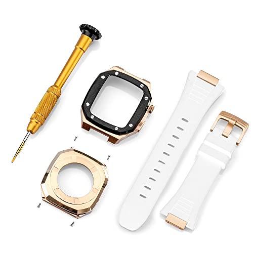 KANUZ Edelstahlarmband für Apple Watch, Armbandmodifikation, 45 mm, 44 mm, 41 mm, Metall-Mod-Kit-Set für iWatch Serie 8, 7, 6, SE, 5, 4, 3, 2, 1 (Farbe: Rotgold, Schwarz, Größe : 44 mm)