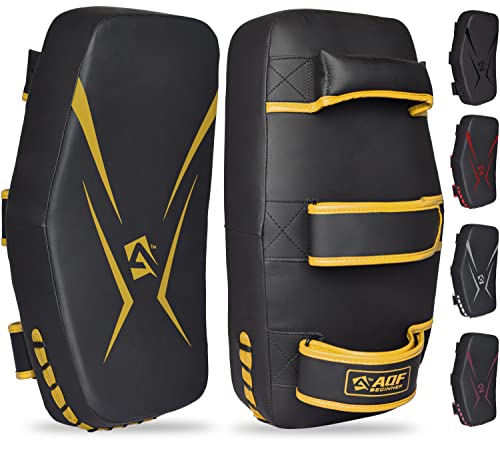 AQF Thai Pads für Kickboxen Muay Thai Pad mit festem Griff, Maya Leder Gebogene Strike Schild für Boxen MMA Kampfsport Taekwondo, Training Sport (Single, Gold)