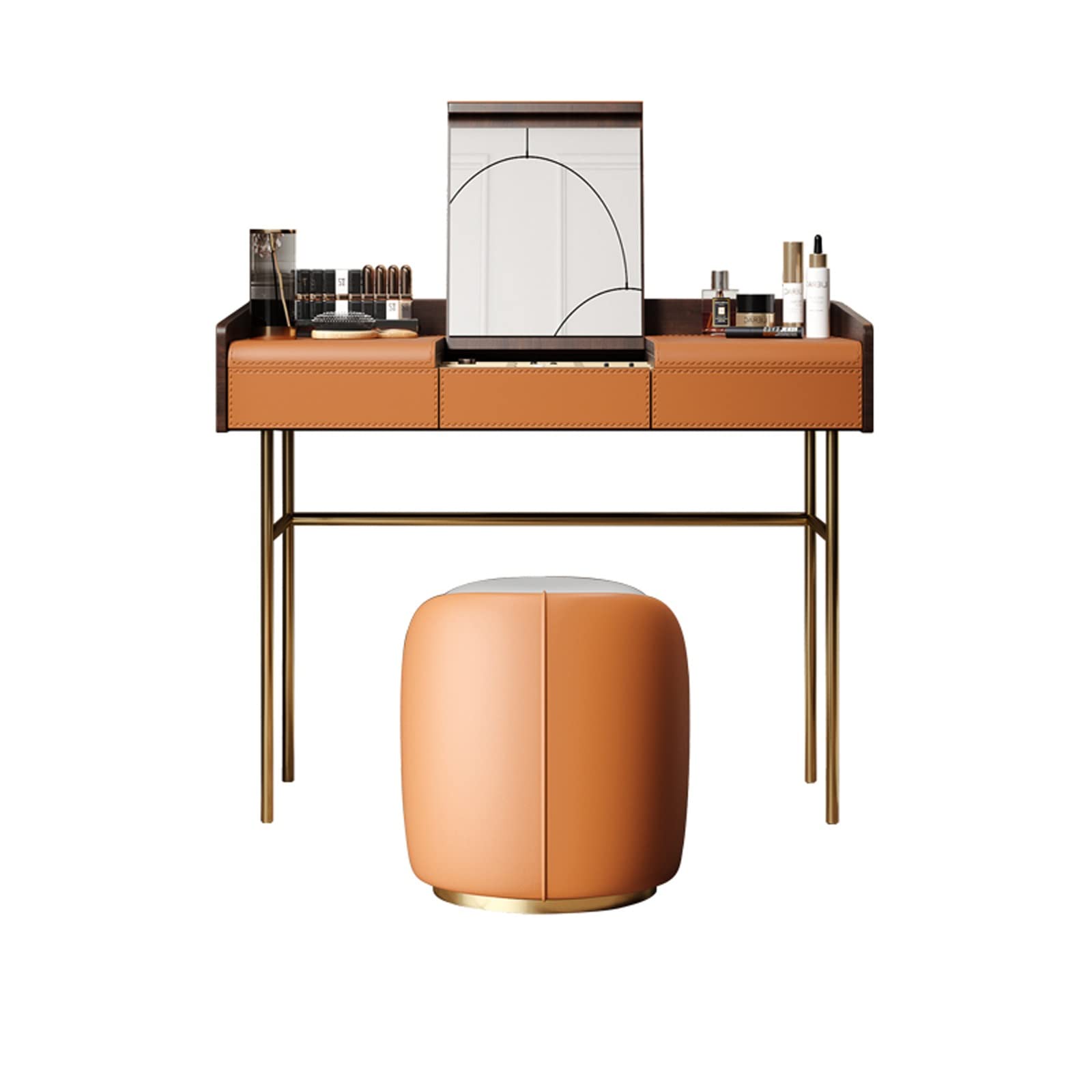 Schminktisch Schminktisch-Set mit Hocker, Heimkommode, aufklappbares Leder, hochwertiges Holz, Schlafzimmer-Make-up-Tisch, Make-up-Hocker, Orange-Grau, versteckter Make-up-Spiegel, Kommode Frisiertisc