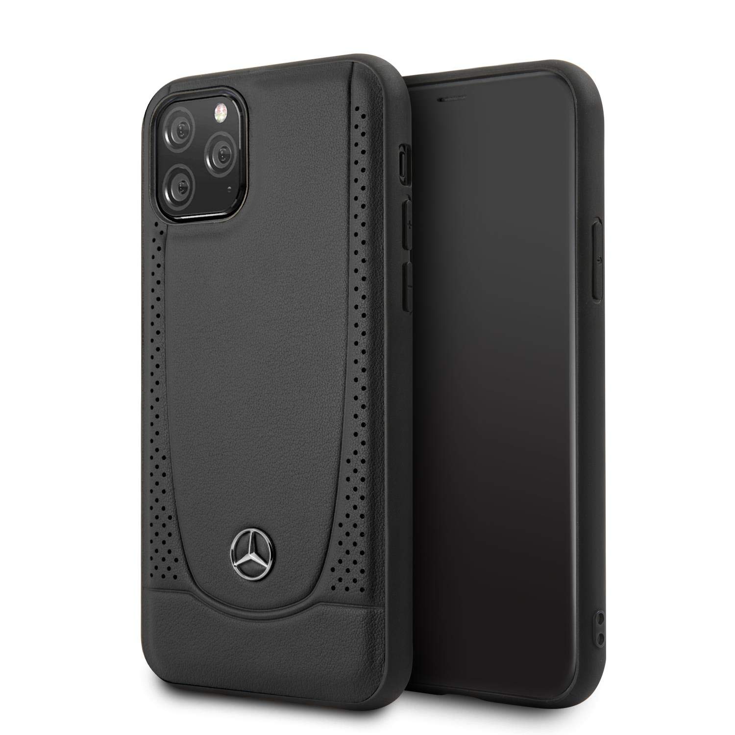 CG MOBILE Benz Handyhülle für iPhone 11 Pro Echt Leder Hard Case Perforiertes Design Schwarz | Einfaches Anstecken | Fallschutz | Offizielles Lizenzprodukt, MEHCN58ARMBK