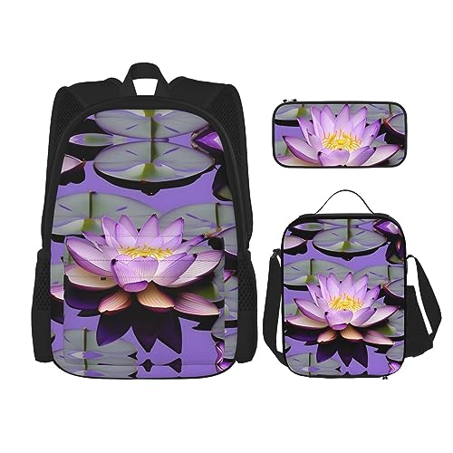 YQxwJL 3-in-1-Rucksack-Büchertaschen-Set, Feuerwehrmann, Flammen-Druck, lässiger Reiserucksack, mit Federmäppchen, Lunchtasche, Violette Lotusblüte, Einheitsgröße