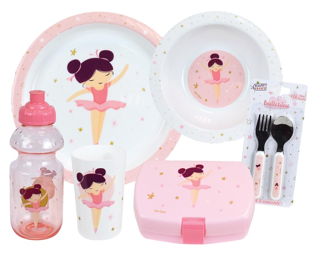 Ballerine Tänzerin Geschirrset für Kinder mit Glas 220 ml, tiefer Teller Ø 16 cm, flacher Teller Ø 22 cm, Deckel H.13,5 cm, Trinkbecher 350 ml und Snackbox – wiederverwendbar