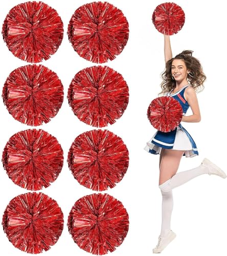 8er-Pack Pom Poms Cheerleading, Flauschige Cheerleader-Pompons mit fingerfreundlichem Ring, metallische Pom Poms Cheerleading für Kinder Erwachsene Sportwettbewerb Feiertagsfeier, Rot