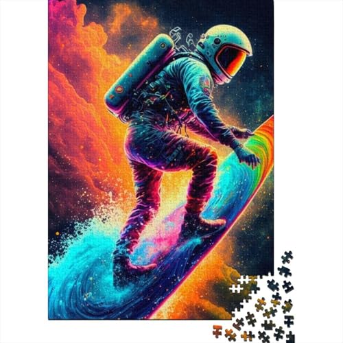 Farbiges Astronauten-Holzpuzzle für Erwachsene, Kunstpuzzle für Erwachsene, 1000 Teile, Entspannungspuzzlespiele, Denksportpuzzle (Größe 75x50cm)