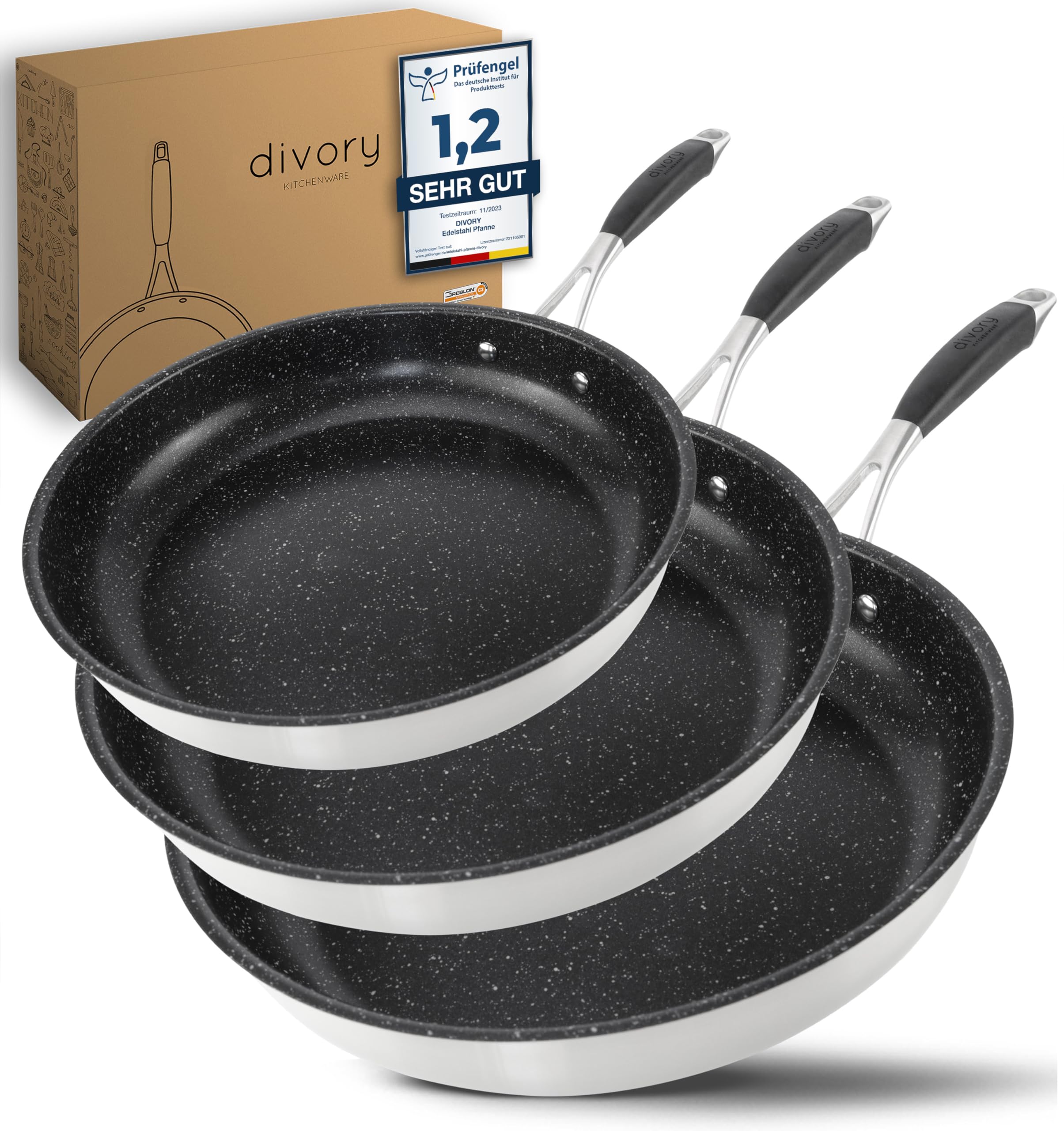 DIVORY Edelstahl Pfanne Set 20, 24, 28 cm Induktion I Antihaft beschichtete große Bratpfanne für alle Herdarten I Ergonomischer Griff, Spülmaschinen geeignet (Griff: Silber)