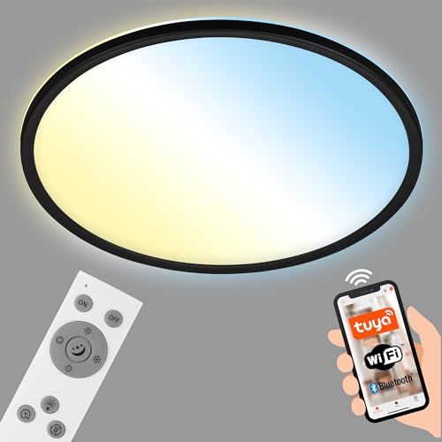 Briloner Leuchten - Smarte LED Deckenleuchte, WiFi Wohnzimmerlampe, Backlight-Effekt, Farbtemperatursteuerung, dimmbare Deckenlampe mit Fernbedienung, Sprachsteuerung, LED Panel, weiß-schwarz, Ø42cm