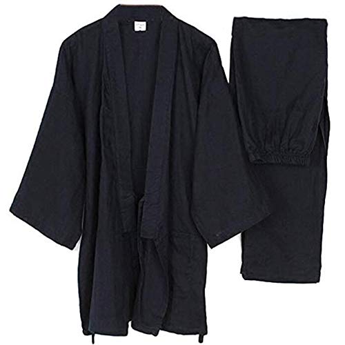 Männer Japanische Stil Robes Loose Pure Baumwolle Kimono Pyjamas Anzug-Schwarz