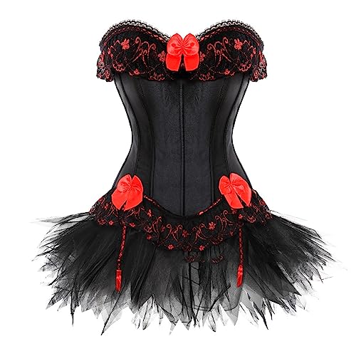 Rock Damen Set Steampunk Gothic Rock und Korsett Zweiteiliges Vintage Mittelalter Viktorianisch Renaissance Spitzen Tutu Rock Corset 2PCs Halloween Karneval Kostüm Palast Gotischer Punk Party Outfit