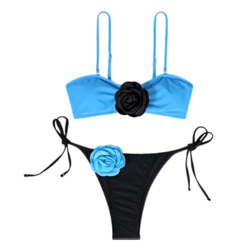 JUNNASALIKER Zweiteiliges Damen-Badeanzug-Set, 3D-Blumendekoration, Bandeau-Badeanzug mit verstellbarem Schulterriemen