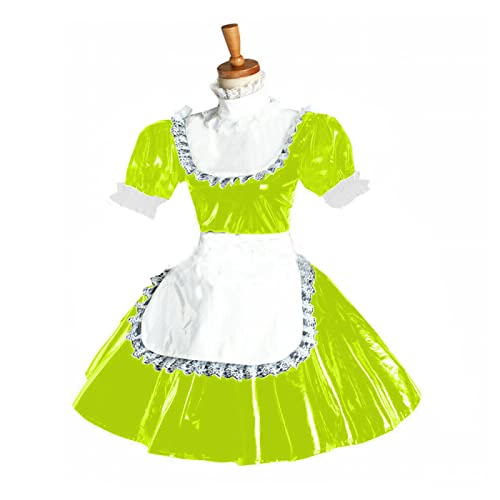 Weiße PVC-Schürze mit kurzen Ärmeln, Spitzenbesatz, Dienstmädchenkleid, Lederkleid, fluoreszierendes Grün, 7XL