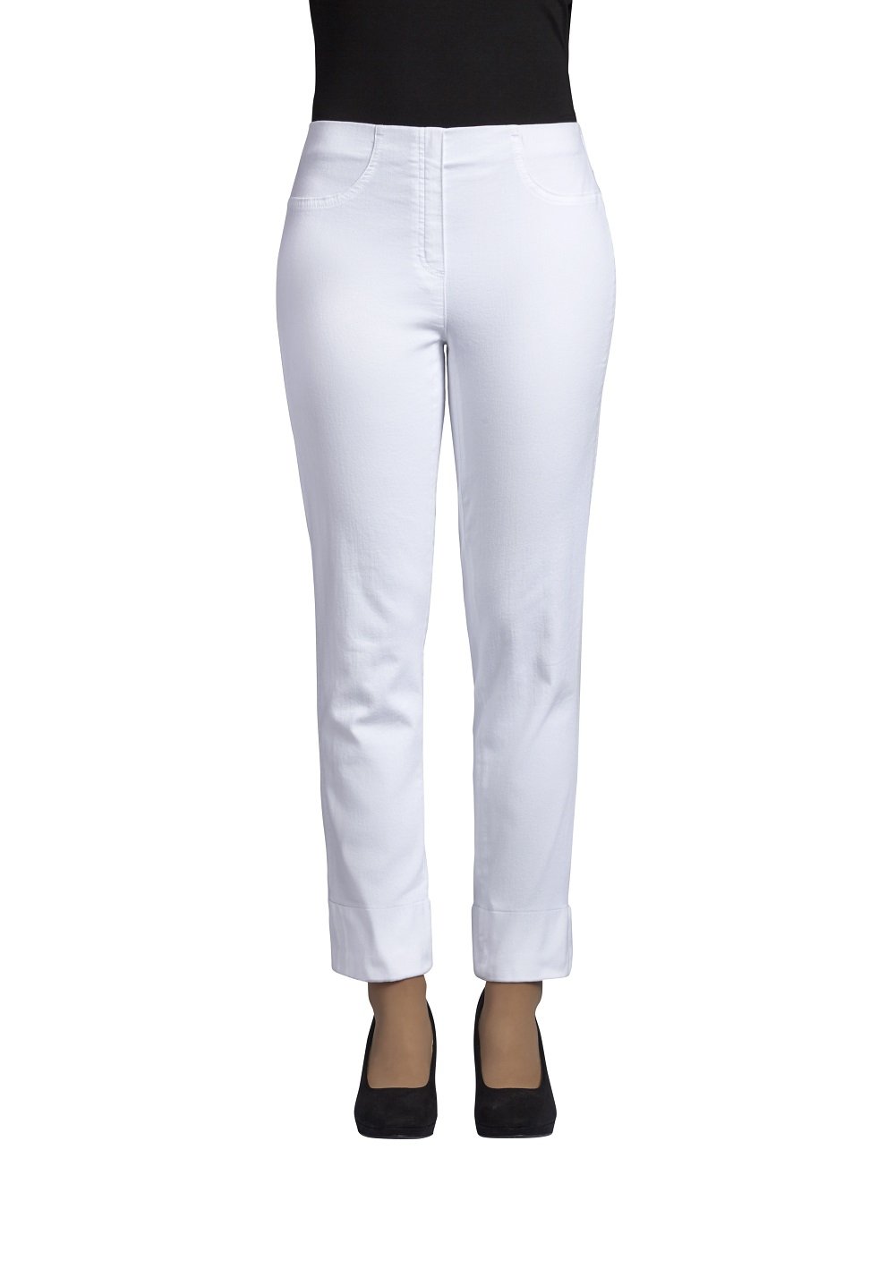 Robell Style BELLA09 – Bequeme, stretchige 7/8 Damenhose, Gerade geschnittenes Bein mit Aufschlag und Gesässtaschen Farbe Weiss Größe 44