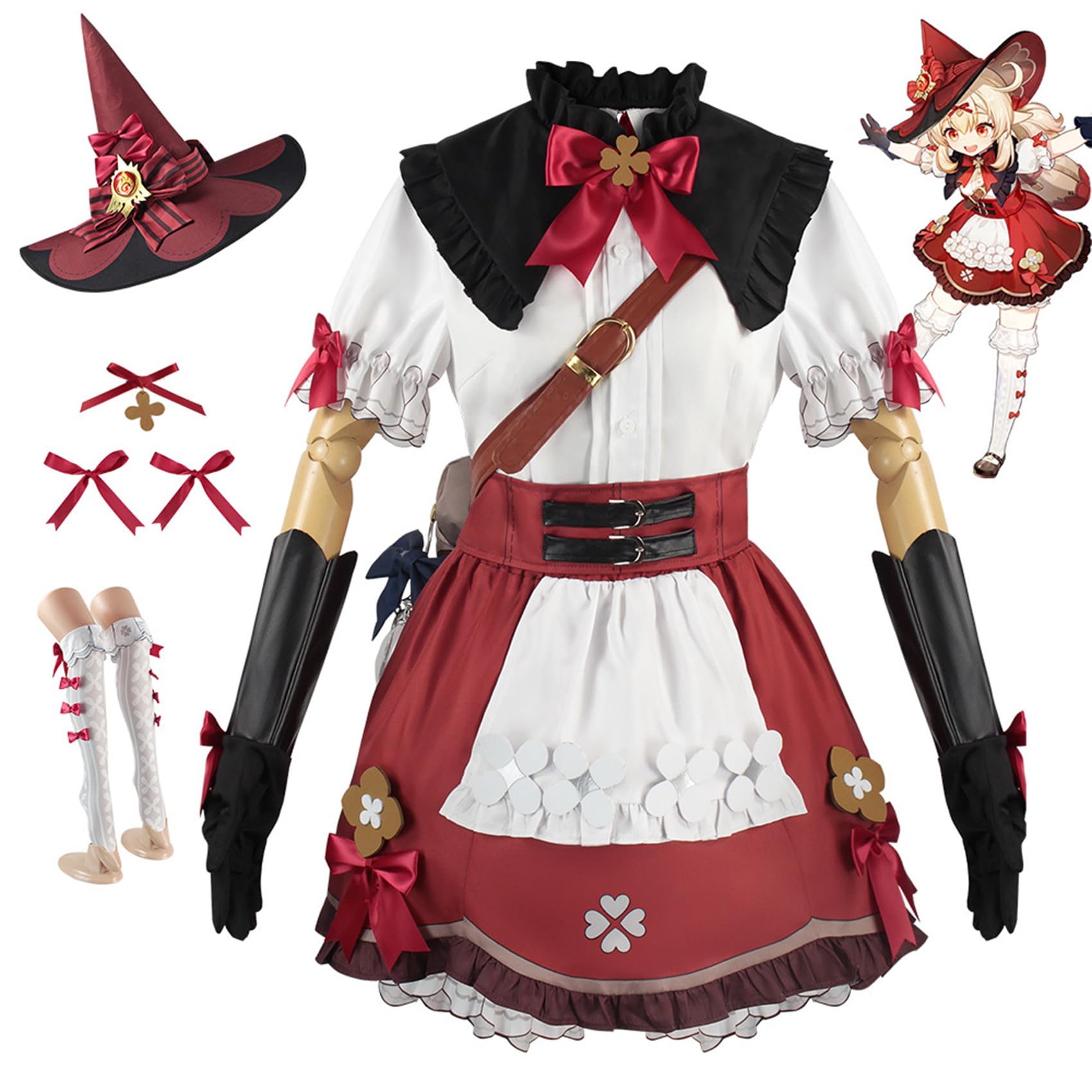 RUIZE Genshin Impact Klee Cosplay-Kostüm mit Hut, Genshin Spielfiguren-Kostüm, komplettes Set mit Hut/Kopfschmuck/Rucksack, für Damen und Mädchen, Halloween, Rot, Größe 3XL