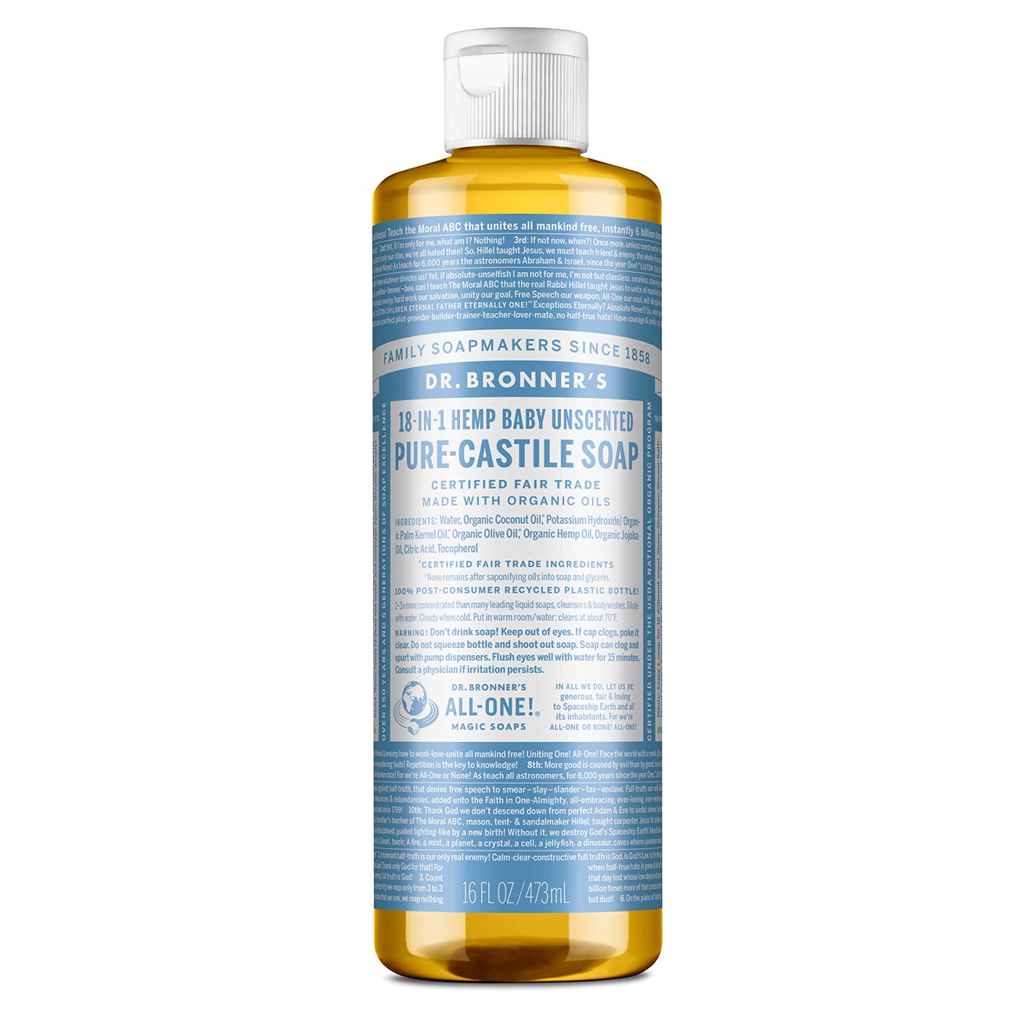 Dr. Bronner 18-in-1 Hemp Un-Scented Baby-Mild Pure-Kastilien Flüssigseife, 16-Unzen-Flasche