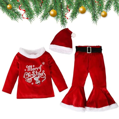 Takluu Frohe Weihnachten-Outfit - Samtpullover + Schlaghose + Weihnachtsmütze,Hautfreundliche Winter-Weihnachtsoutfits aus weichem Samt für die Feiertags-Geburtstagsfeier