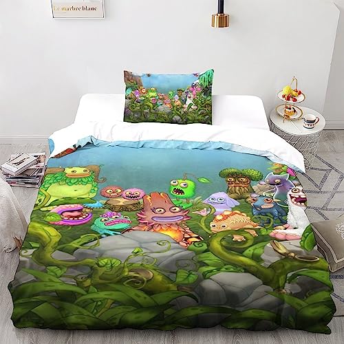 My Singing Monsters 3-teilige Kuschelige Bettwäsche-Sets Mit Spielfiguren 3D-Motiven - Duvet-Cover-Sets Aus Mikrofaser Mit Verstecktem Reißverschluss Und Passenden Kissenbezügen Single（135x200cm）