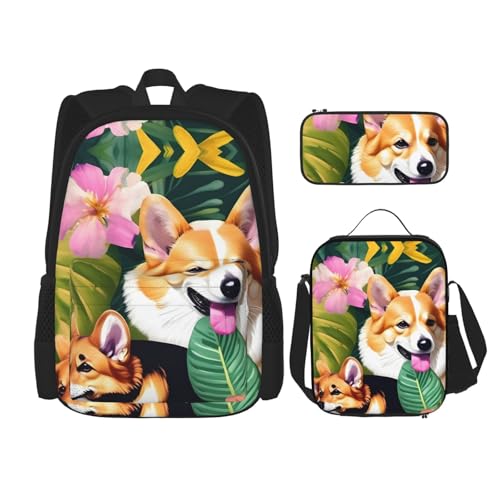 WURTON Lunchbox mit tropischen Blumen und Corgi-Druck, Federmäppchen, Rucksack-Set, 3-teilig, verstellbare Riemen, langlebig, leicht, Schwarz, One Size