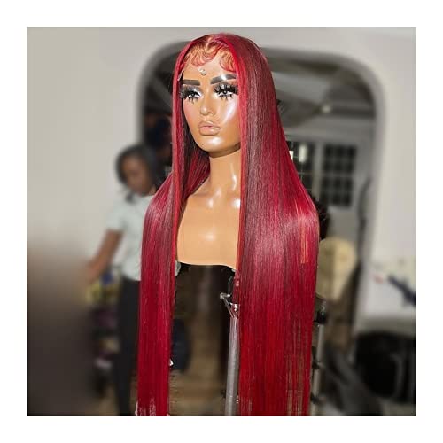 Perücken Ombre Red Lace Front Perücke Gerade 13 x 4 Transparente Lace Front Perücken Brasilianisches Echthaar 22 24 26 Lange Gerade Lace Frontal Perücken Vorgezupft Damenperücke (Color : Ombre Red,