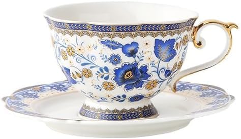 Set aus Keramik-Kaffeetasse und Untertasse mit blauen Blumen, Keramik-Kaffeetasse und Untertasse, Milchsaftbecher, Teller, Geburtstagsgeschenk für Büro und Zuhause