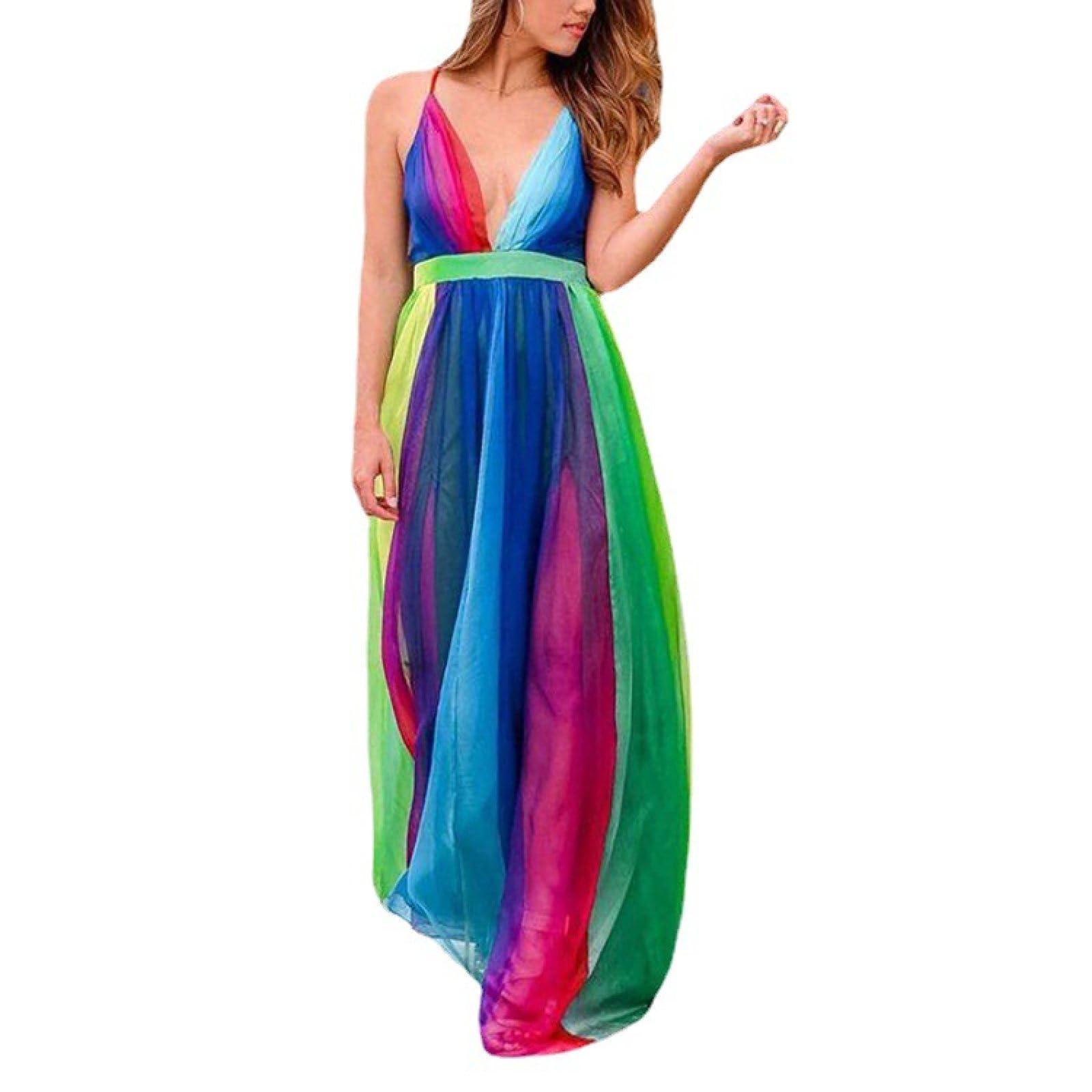 Trägerkleider Für Damen – Sexy, Tiefes V, Rückenfrei, Regenbogen-Chiffon, Sling-Kleid, Maxirock, Sommer, Bunt, Ärmellos, Hohe Taille, Großes Swing-Kleid, Wie Abgebildet, XL