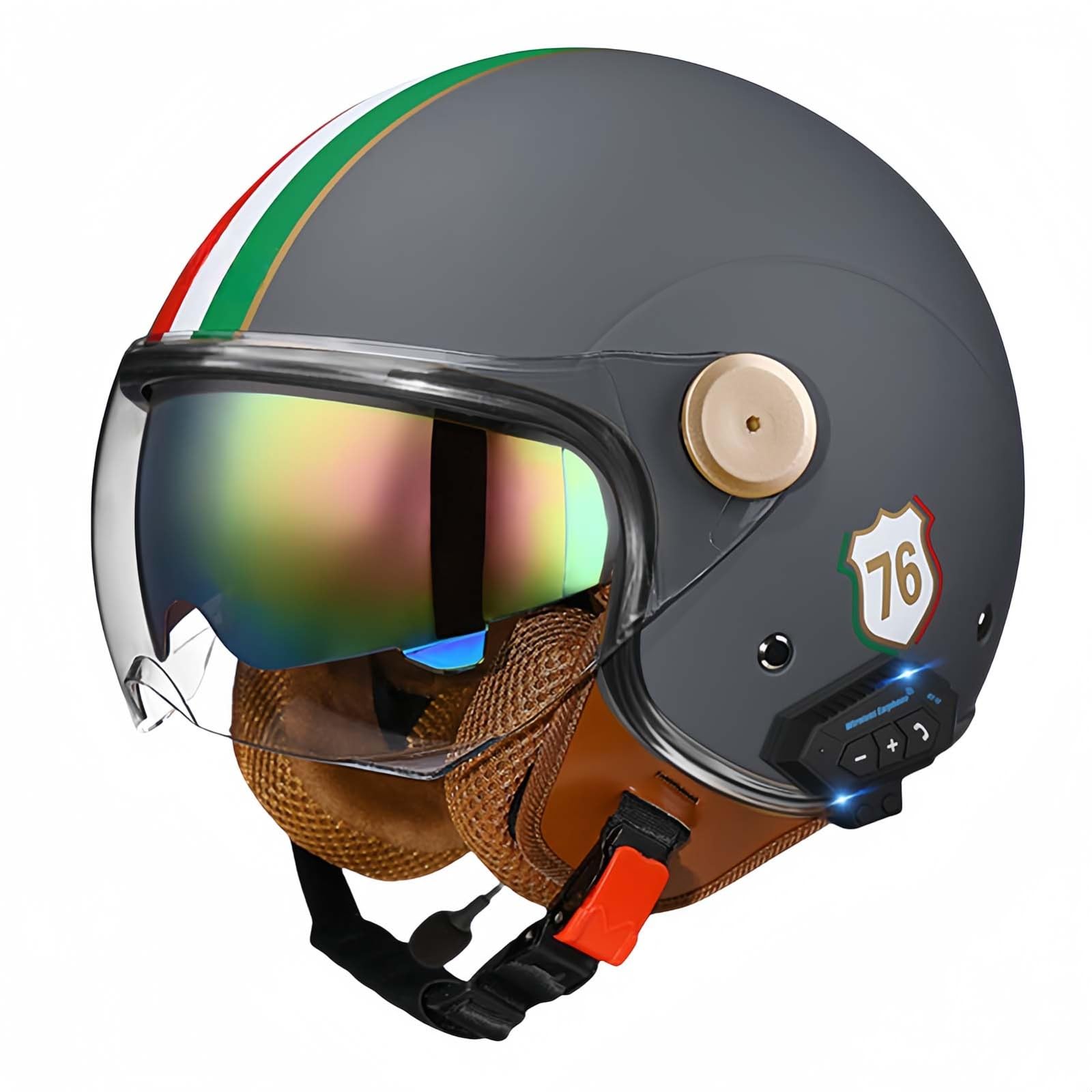 Bluetooth-Motorradhelm, Offenes Gesicht, Rollerhelm, Motocross-Helme Mit Visier, ECE-Zugelassene Motorradhelme Mit Integriertem Mikrofon Für Erwachsene, Männer Und Frauen R,L59-60CM