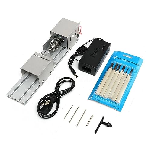 Holzdrehmaschine, 200 W Mini-Drehmaschine, Perlenmaschine, Holzarbeiten, DIY-Drehmaschine, Polierbohrer-Set mit Adapter, Schnitzschneider, Holzdrehmaschine und 6 Schnitzklingen,Drehwerkzeuge(Silver)