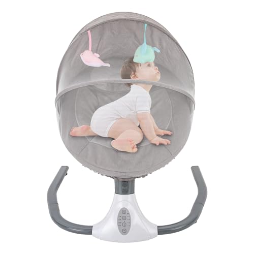 Elektrisch Babywippe Mit 4 Natürlichen Schaukelgeschwindigkeiten Bluetooth-Musik-Babywippe Mit Fernbedienung Gurt, Leichte Baby Wippe Für 0-12 Monate（Grau）